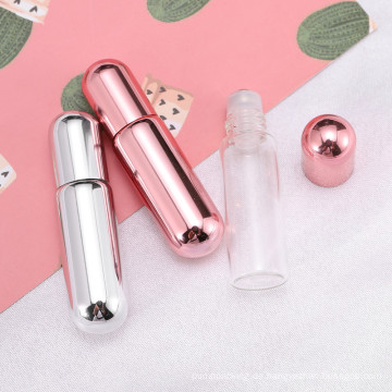 Stock rosa transparente UV -Abdeckung 5 ml runde Probe Roll auf Kugel Frosted Clear Glass Roller Flasche für ätherisches Öl